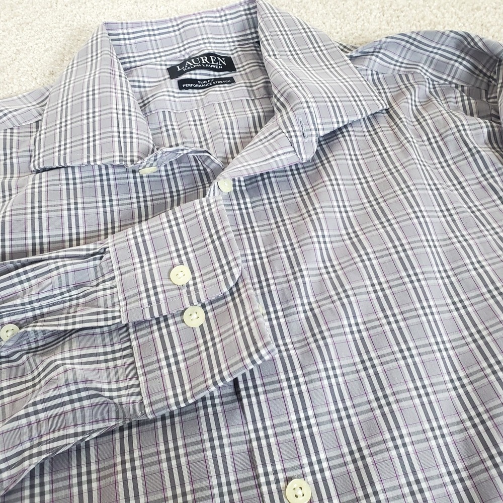 Lauren Ralph Lauren Men's Button‎ Up Shirt 16.5 32/33 Gray Plaid Long Sleeve